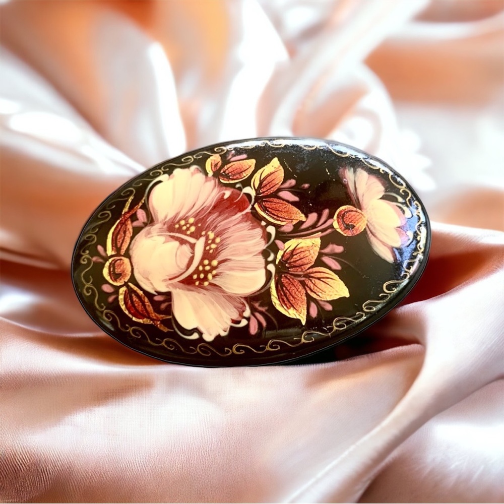 Vintage Signed Russian Lacquer Brooch Pin, Hand Painted Russian Folk Art
